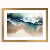 Gold-framed wall art featuring a serene beach landscape with gentle waves and a clear sky, perfect for enhancing home decor with a tranquil vibe.
