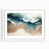 Framed white mat wall art featuring a serene beach landscape design, showcasing soft colors and gentle waves, perfect for coastal home decor.