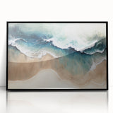 Framed acrylic wall art showcasing a serene beach landscape with vibrant colors, set in a sleek black frame, perfect for enhancing interior decor.