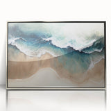 Framed acrylic wall art showcasing a serene beach landscape with vivid blue skies and golden sands, ideal for home decor or office settings, enhancing tranquility.