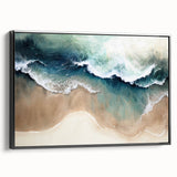 Framed canvas wall art showcasing a serene beach landscape design with vibrant colors and intricate details, featuring a sleek black frame and side view perspective. Perfect for enhancing home decor and creating a calming atmosphere.