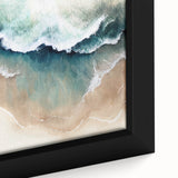 Framed canvas wall art showcasing a vibrant beach landscape with vivid blues and greens, ideal for home decoration and coastal-themed interiors.