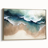 Framed canvas wall art depicting a serene beach landscape with golden hues, showcasing gentle waves and a tranquil atmosphere, perfect for home decor.
