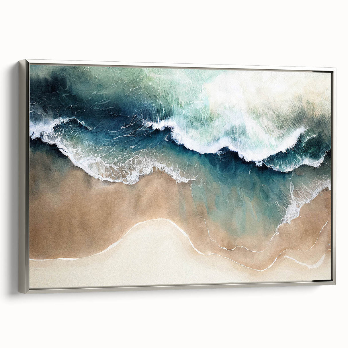 Framed canvas wall art featuring a serene beach landscape with soft waves and a pastel sunset, enhanced by a sleek silver frame, perfect for home decor.