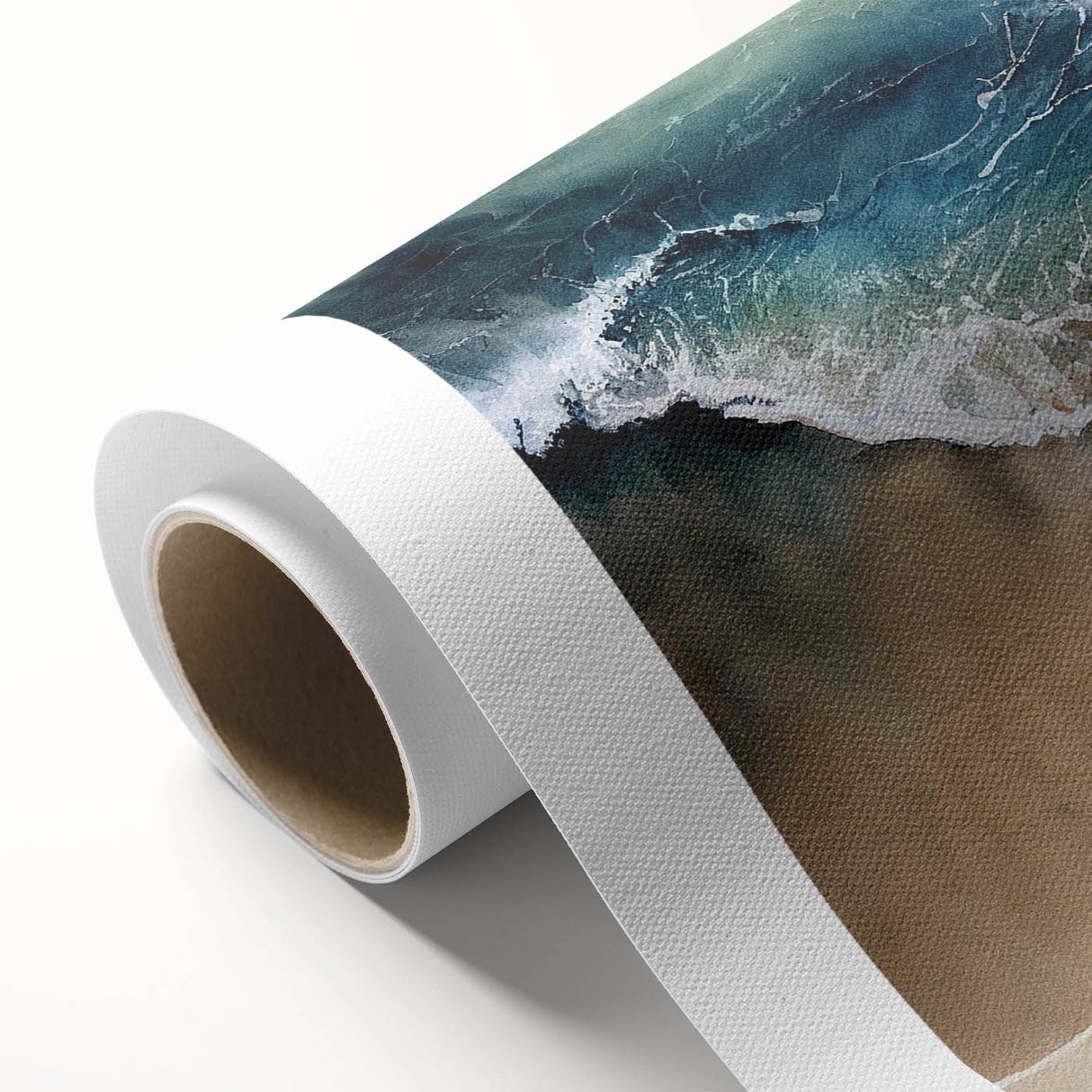 Vibrant rolled canvas depicting a serene beach landscape with golden sands and turquoise waters, perfect for enhancing home decor, packaged in protective cardboard.