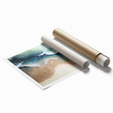 Vibrant beach landscape wall art print showcasing a serene sunset with colorful clouds and gentle ocean waves, rolled and ready for framing or display.