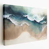 Stretched canvas wall art showcasing a serene beach landscape design, featuring soft blue and sandy beige tones, ideal for coastal-themed decor.