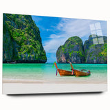 Side view of a contemporary wall art piece depicting a serene beach landscape, printed on acrylic glass, showcasing vibrant colors and smooth edges, perfect for home decor.
