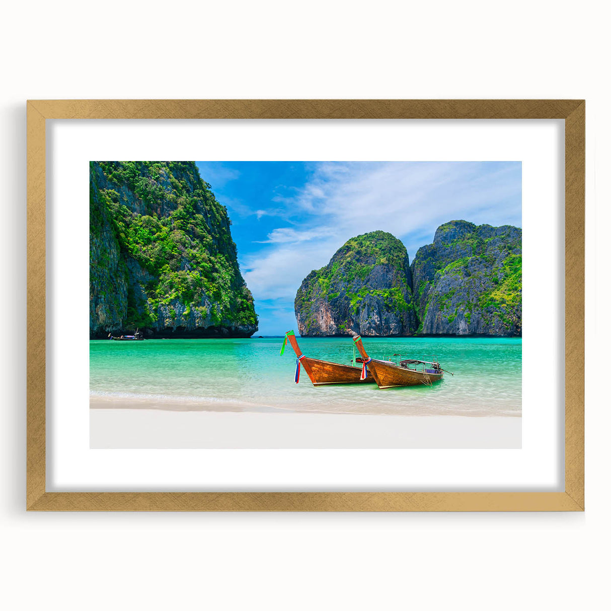 Framed wall art collection showcasing serene beach landscapes, featuring gold accents and a mat, perfect for enhancing home decor with coastal vibes.