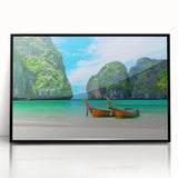 Framed acrylic wall art featuring a serene beach landscape design with vibrant colors, showcased in a sleek black frame, perfect for modern home decor.