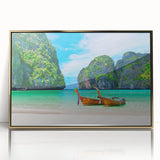 Framed acrylic wall art showcases a serene beach landscape with vibrant colors, gold accents, and a modern design. Perfect for enhancing coastal-themed decor.
