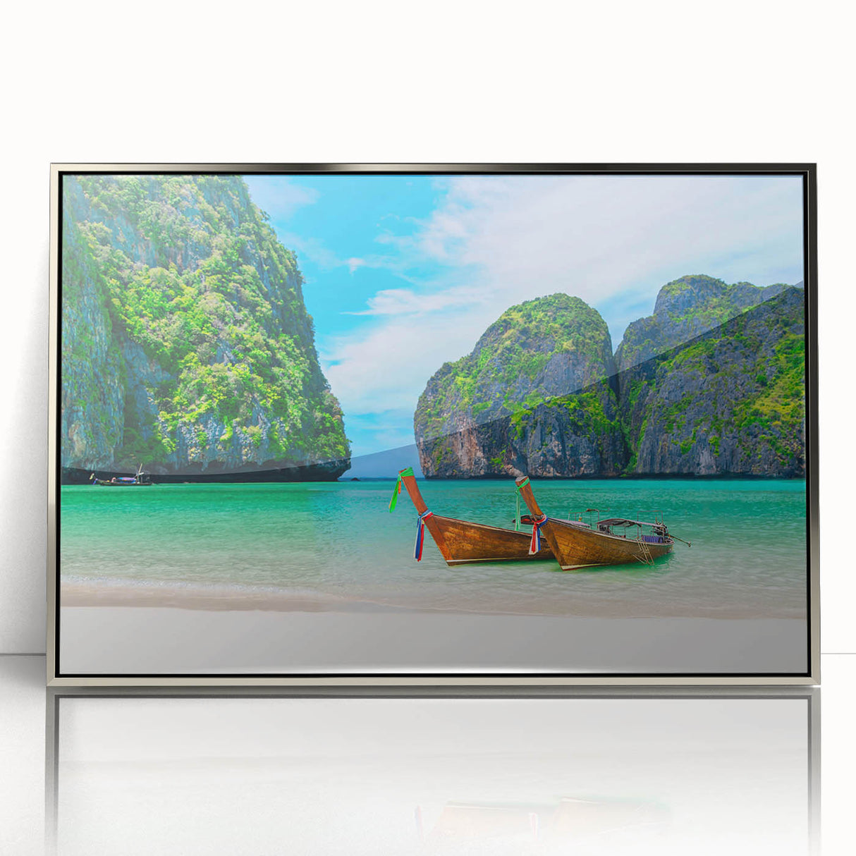 Framed acrylic wall art collection showcasing a serene beach landscape with soft blue skies and golden sands, designed to enhance modern interiors with elegance.