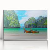 Framed acrylic wall art collection showcasing a serene beach landscape design, featuring soft blue and white hues, ideal for coastal-themed decor in modern interiors.