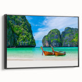 Framed canvas wall art showcasing a serene beach landscape design with vibrant colors and black framing, perfect for enhancing home decor aesthetics.