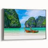 Framed canvas wall art showcasing a serene beach landscape with vibrant colors and silver accents, perfect for modern home decor, side view highlighting its elegant design.
