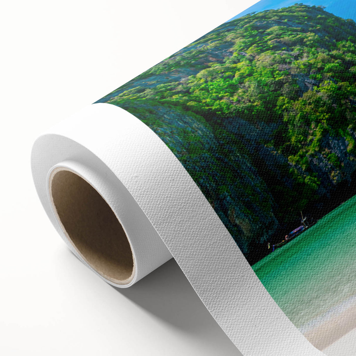 Colorful rolled canvas artwork showcasing a serene beach landscape with vibrant hues of blue and orange, designed for home decor, packaged in a protective tube.