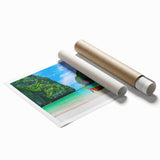 Vibrant beach landscape wall art print showcasing serene ocean waves and golden sand, rolled for easy shipping, perfect for coastal-themed decor.