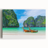 Vibrant stretched canvas wall art depicting a serene beach landscape with soft waves, golden sand, and a clear blue sky, perfect for coastal home decor.