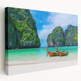 Stretched canvas wall art showcasing a serene beach landscape with vibrant colors, perfect for home decor. Side view highlights the canvas texture and depth.