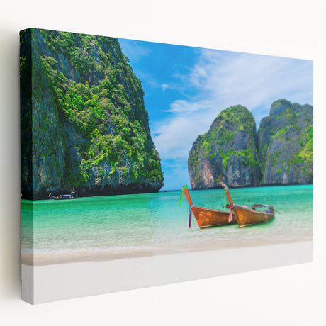 Stretched canvas wall art showcasing a serene beach landscape with vibrant colors, perfect for home decor. Side view highlights the canvas texture and depth.