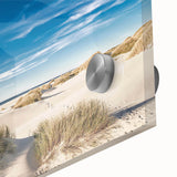 Close-up view of a vibrant acrylic wall art piece showcasing a serene beach landscape, featuring soft pastel colors and intricate details, perfect for home decor.