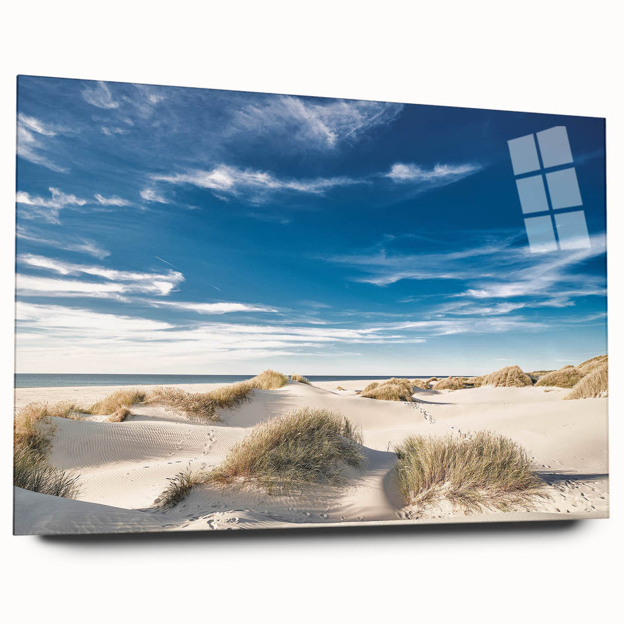 Acrylic wall art featuring a vibrant beach landscape design, displayed in a side view without pins, showcasing colors of blue, turquoise, and sandy beige, perfect for coastal decor.