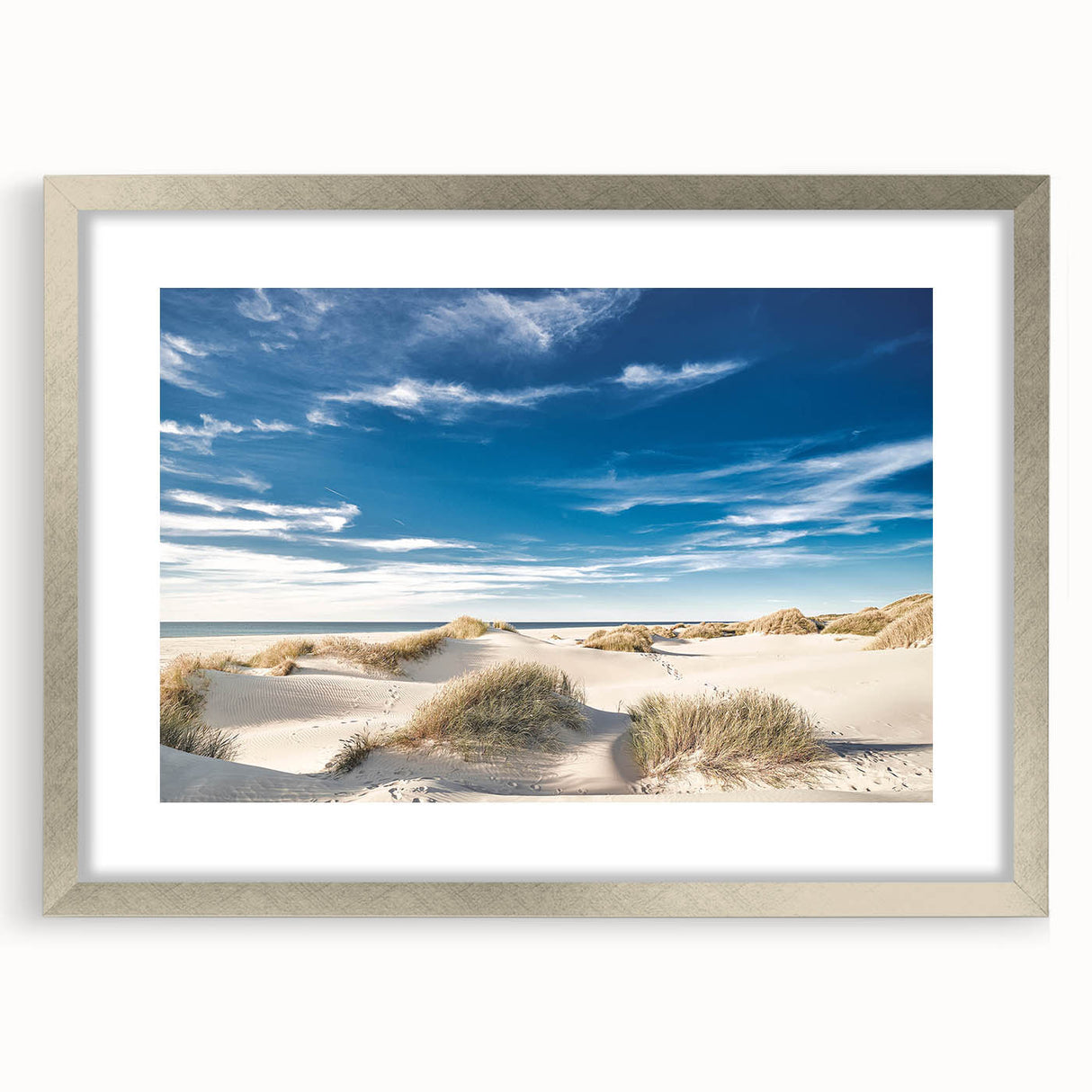 Framed wall art collection featuring serene beach landscapes with a silver mat, perfect for adding a coastal vibe to home decor. Ideal for living rooms or offices.