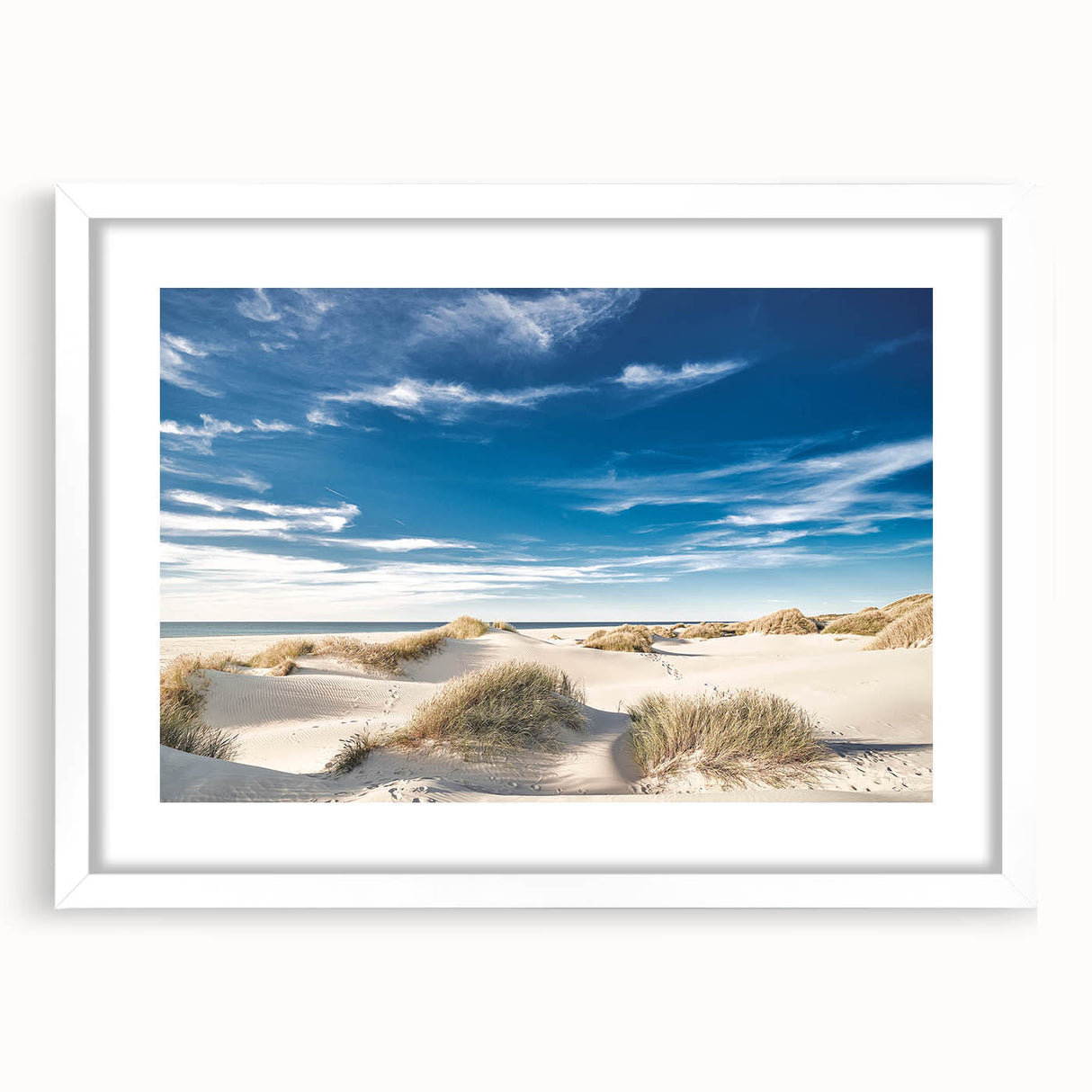 Framed wall art featuring a serene beach landscape design with a white mat, presented in a modern frame, ideal for home decor and coastal themes.