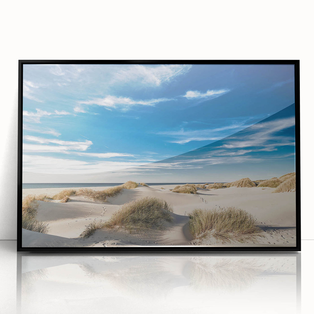 Framed acrylic wall art showcasing a serene beach landscape design, featuring vibrant colors and a sleek black frame, perfect for enhancing home decor.