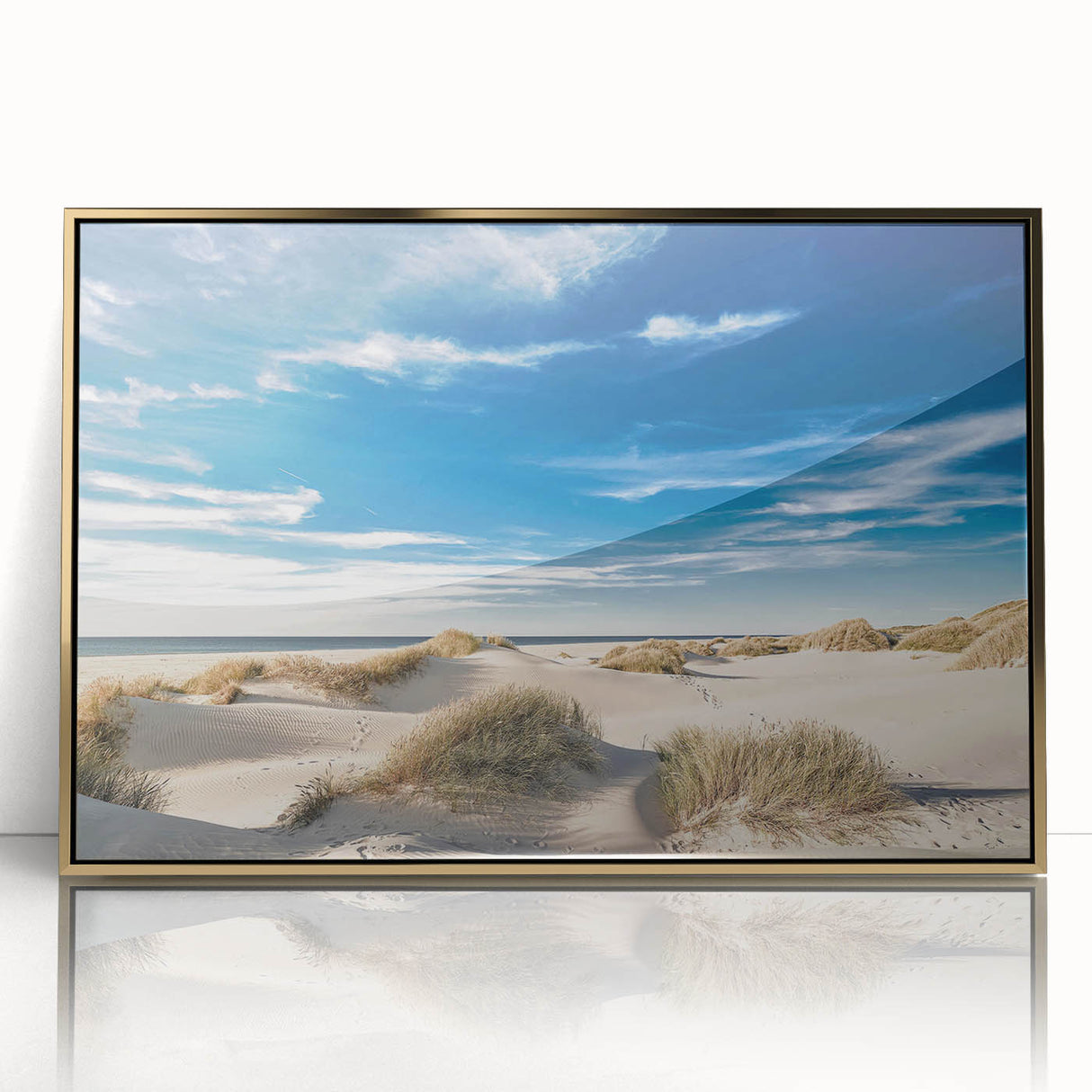 Framed acrylic wall art showcasing a stunning beach landscape with golden accents, perfect for enhancing modern home decor. This elegant piece captures serene ocean waves under a vibrant sky, ideal for adding a touch of tranquility to any space.