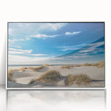 Framed wall art collection showcasing a serene beach landscape design, featuring vibrant colors and a sleek white frame, perfect for coastal-themed decor.