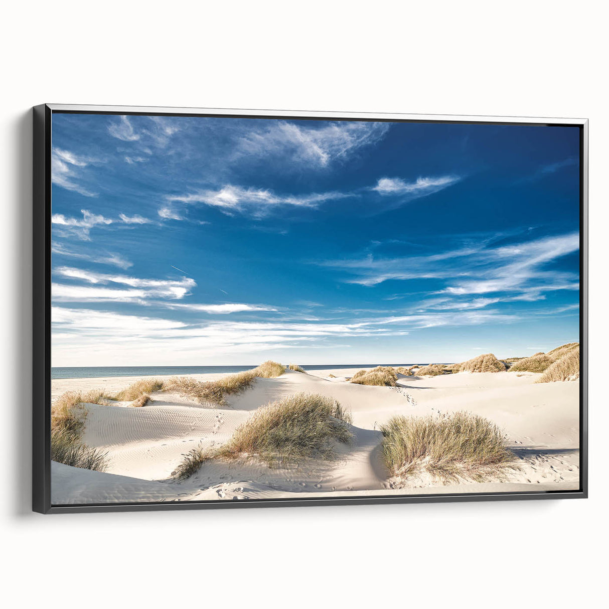 Framed canvas wall art showcasing a vibrant beach landscape design, featuring rich colors and textures, displayed from a black side view for a contemporary aesthetic. Ideal for home decor.