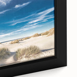 Framed canvas close-up showcasing a vibrant beach landscape wall art design, featuring vivid blues and sandy tones, ideal for coastal home decor.