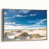 Framed canvas wall art featuring a serene beach landscape design with golden accents, showcasing vibrant colors and intricate details, ideal for home decor.