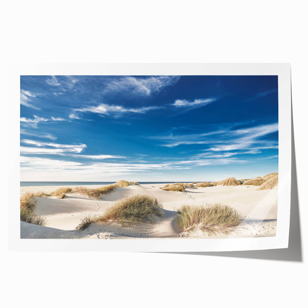 Vibrant rolled print showcasing a serene beach landscape scene, featuring soft pastel colors and calming waves, perfect for enhancing home decor aesthetics.