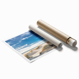 Vibrant rolled print showcasing a serene beach landscape with soft waves and pastel skies, perfect for coastal home decor. Packaged securely for delivery.