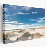 Stretched canvas artwork showcasing a tranquil beach landscape with vibrant sunset colors, ideal for home decor, enhancing relaxation and coastal vibes.