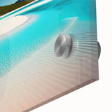 Close-up of a vibrant acrylic glass wall art piece showcasing a serene beach landscape with vivid colors and intricate details, perfect for home decor.