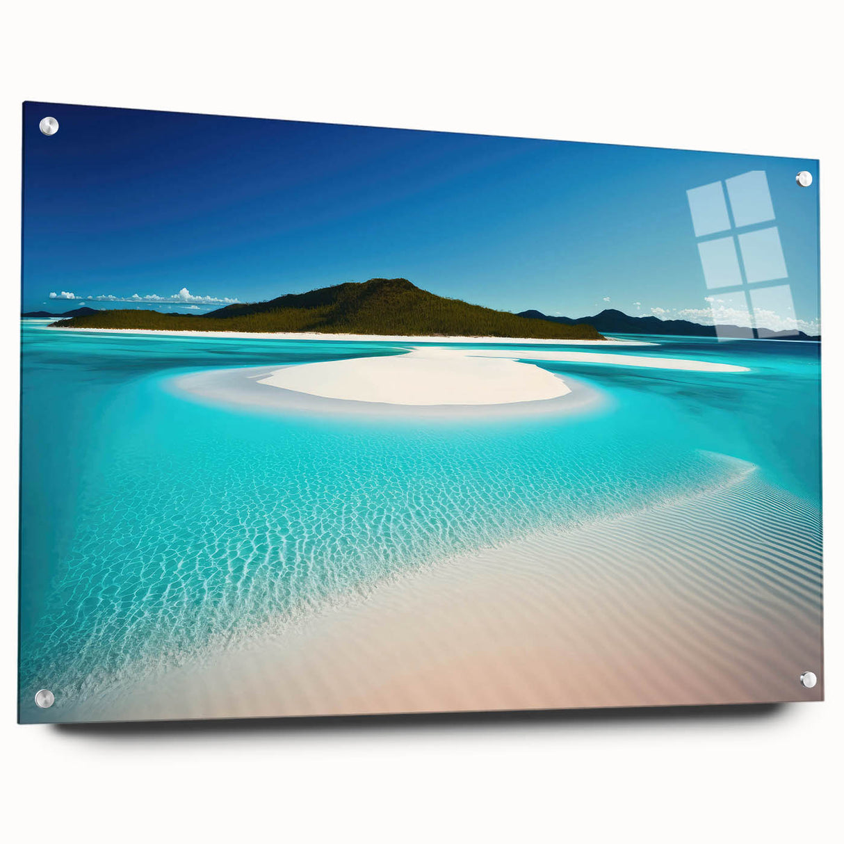 Acrylic glass wall art showcasing a vibrant beach landscape design, featuring vivid colors and intricate details, displayed from a side view with decorative pins. Ideal for enhancing coastal-themed decor.