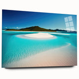 Acrylic wall art collection showcasing a serene beach landscape design, side view displaying the smooth, glossy finish and vibrant colors, ideal for home decor.