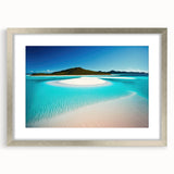 Framed wall art featuring a serene beach landscape with vibrant colors and silver matting, perfect for home decor accents in coastal-themed interiors.