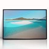 Framed wall art showcasing a vibrant beach landscape design, featuring vivid colors and intricate details, set in a sleek black frame for modern decor.