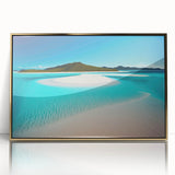 Framed acrylic wall art featuring a serene beach landscape with golden accents, ideal for home decor. Captivating ocean hues and calming scenery evoke relaxation.