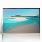 Framed acrylic wall art showcasing a serene beach landscape design, featuring vibrant colors and intricate details, perfect for enhancing home decor with a coastal theme.