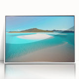 Framed acrylic wall art featuring a serene beach landscape with soft waves and a clear blue sky, designed to enhance modern home decor.