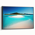 Framed black canvas wall art depicting a serene beach landscape at sunset, showcasing vibrant colors and tranquil scenery, ideal for home decor enhancement.