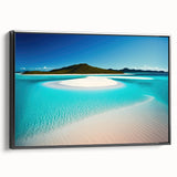 Framed black canvas wall art depicting a serene beach landscape at sunset, showcasing vibrant colors and tranquil scenery, ideal for home decor enhancement.