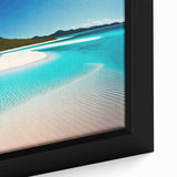 Close-up of a framed canvas wall art piece showcasing a vibrant beach landscape design, featuring rich colors and intricate details, perfect for home decor.