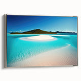 Framed canvas wall art showcasing a serene beach landscape with vibrant colors and a silver frame, ideal for enhancing modern home decor. Perfect for coastal-themed interiors.