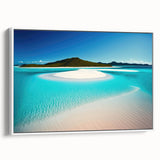 Framed canvas wall art showcasing a vibrant beach landscape design, featuring soft blues and sandy hues, presented in a sleek white frame for a modern aesthetic.